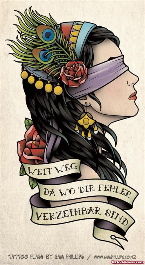 Banner And Gypsy Head Tattoo Design
