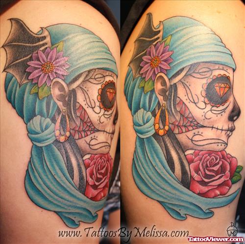 Amazing Red Rose And Gypsy Tattoo On Half Sleeve
