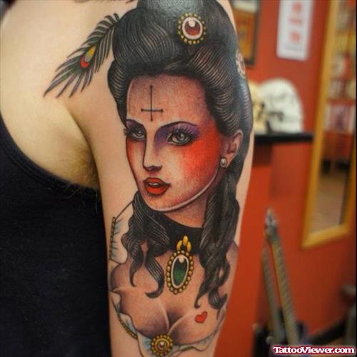 Awesome Color Gypsy Tattoo On Half Sleeve