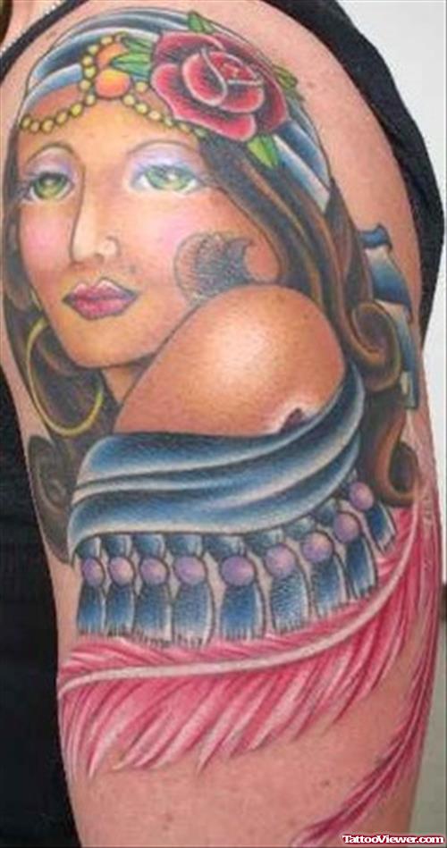 Traditional American Gypsy Tattoo On Left Half Sleeve