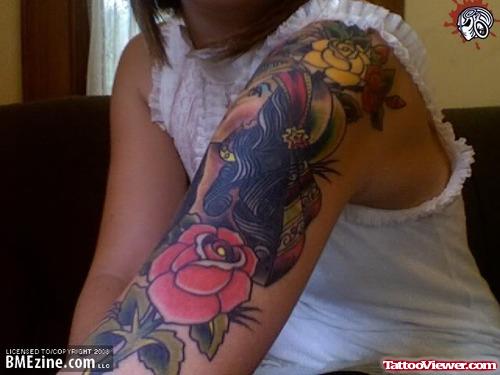 Red Rose Flowers and Gypsy Tattoo On Left Sleeve