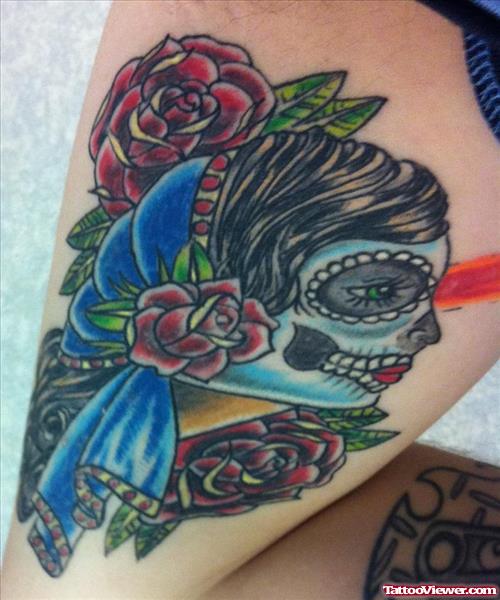 Red Rose Flowers and Gypsy Skull Tattoo