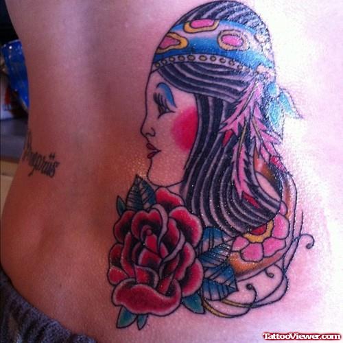 Red Rose Flower and Gypsy Tattoo On Lowerback