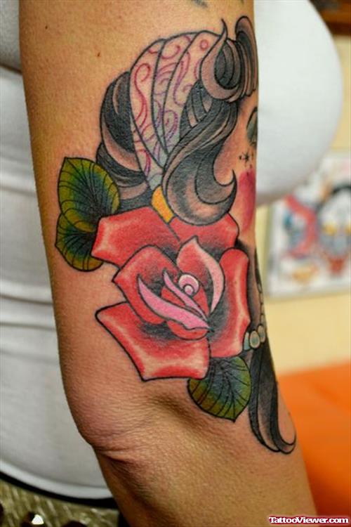 Red Rose and Gypsy Head Tattoo On Sleeve