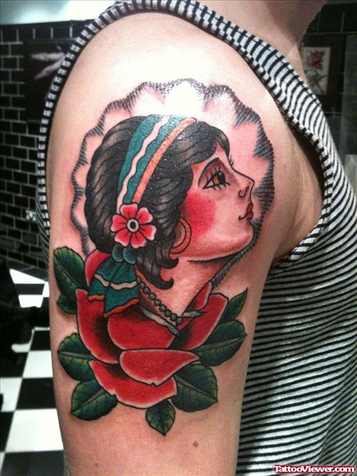 Red Rose and Gypsy Head Tattoo On Right Shoulder