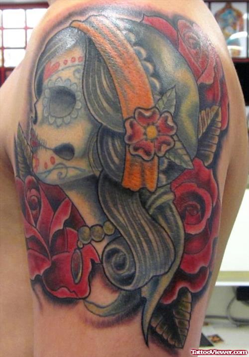 Red Flowers and Gypsy Tattoo On Shoulder