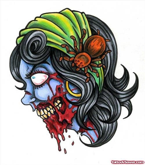 Colored Zombie Gypsy Head Tattoo Design