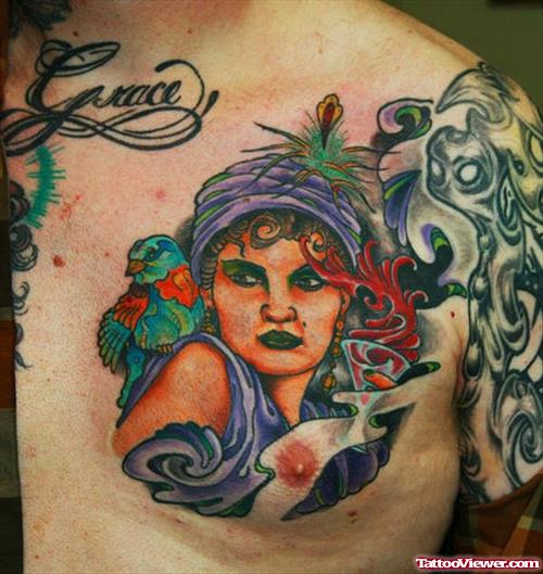Colored Gypsy Tattoos On Man Chest