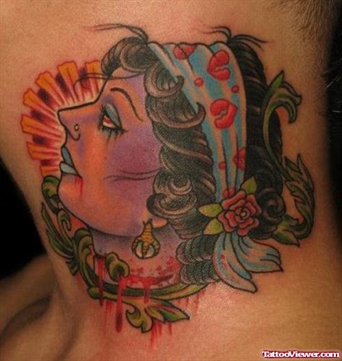 Color Gypsy Head Tattoo On Neck