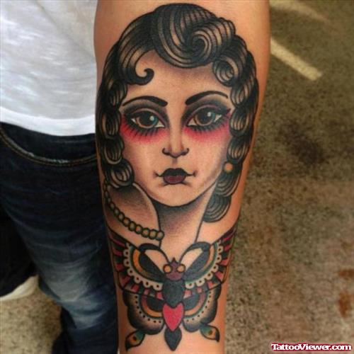 Black Ink Moth and Gypsy Head Tattoo On Left Arm