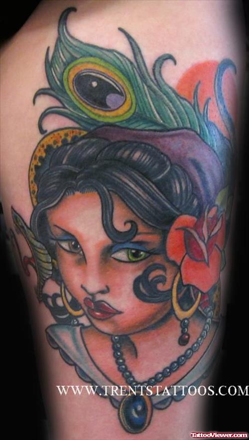 Awesome Gypsy Girl Head Tattoo