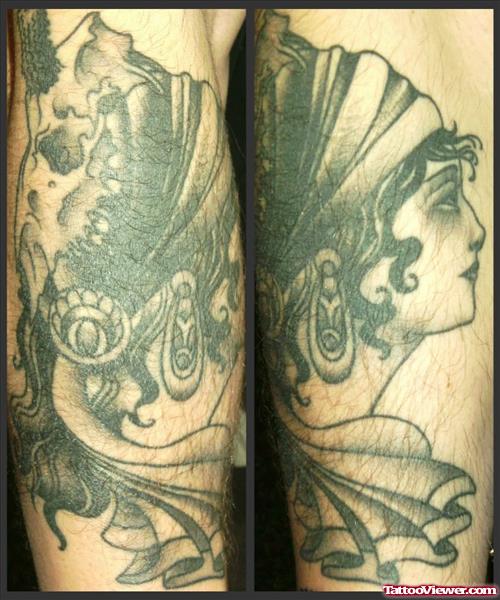 Awesome Grey Ink Gypsy Head Tattoos
