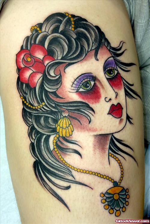 Amazinng Colored Gypsy Head Tattoo