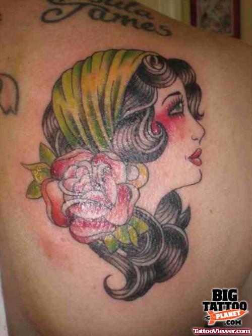 Amazing Gypsy Head With Rose Flower Tattoo On Right Back Shoulder