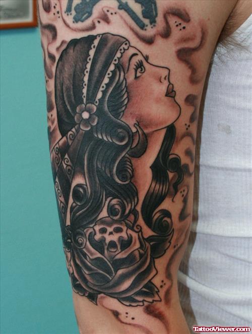Amazing Dark Ink Gypsy Tattoo On Right Sleeve