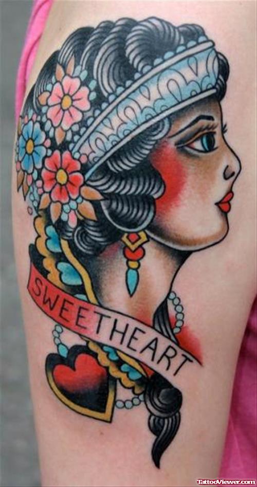 Sweet Heart Banner and Gypsy Head Tattoo