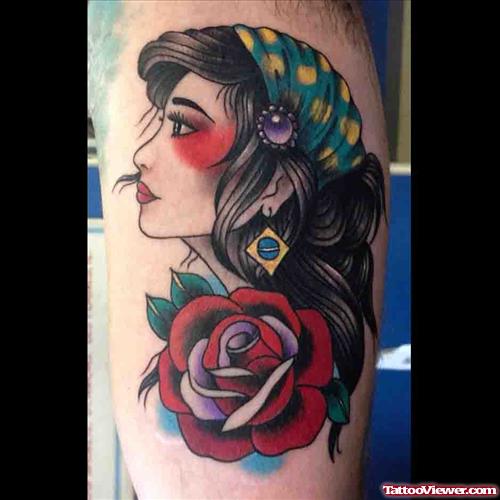 Red Rose Flower and Gypsy Head Tattoo