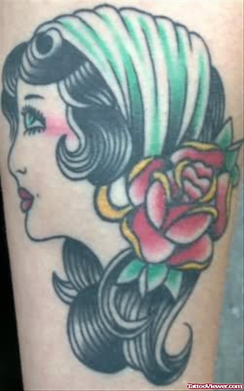 Red Rose And Gypsy Face Tattoo