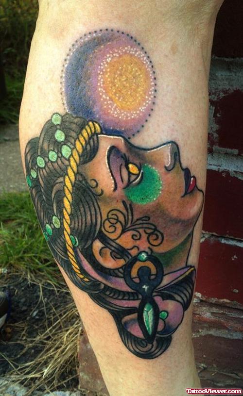 Moon And Gypsy Tattoo On Leg