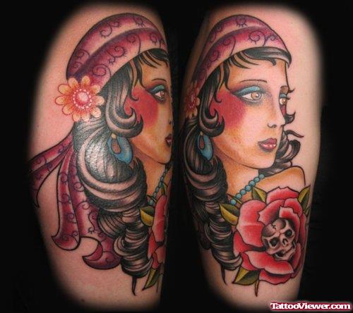 Gypsy Head And Red Rose Tattoo