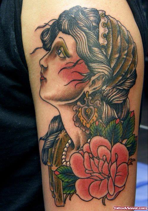 Gypsy Head And Red Flower Tattoo On Half Sleeve