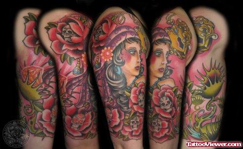 Colored Red Rose Flowers And Gypsy Tattoos Design