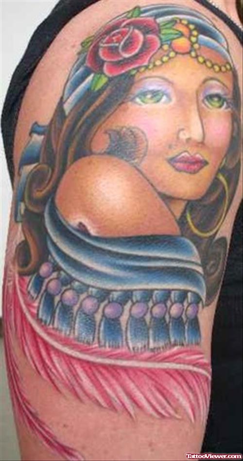 Colored Gypsy Tattoo On Right Half Sleeve