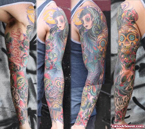 Colored Gypsy Tattoo On Full Sleeve