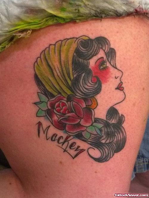 Amazing Red Rose Flower And Gypsy Head Tattoo