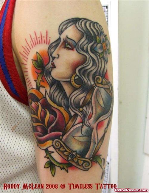 Amazing Flower And Gypsy Head Tattoo On Half Sleeve