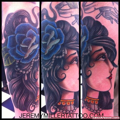 Amazing Blue Rose Flower And Gypsy Tattoo