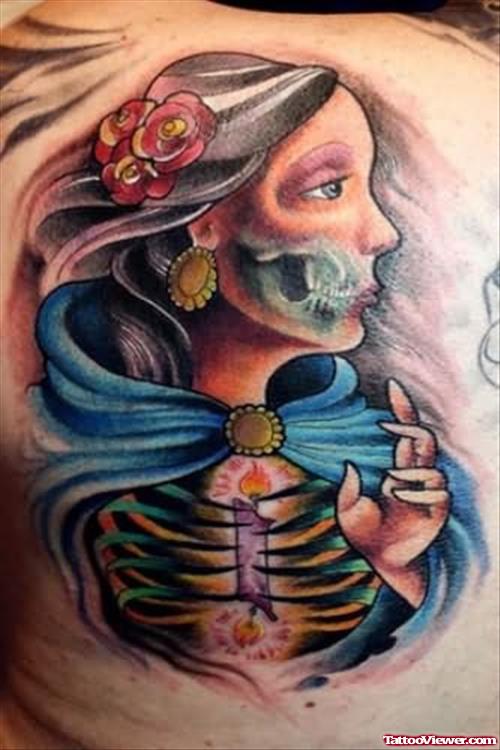 Gypsy Head And Skeleton Tattoo