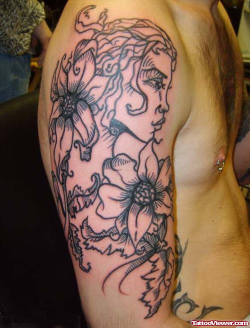 Flower And Gypsy Tattoo On Shoulder