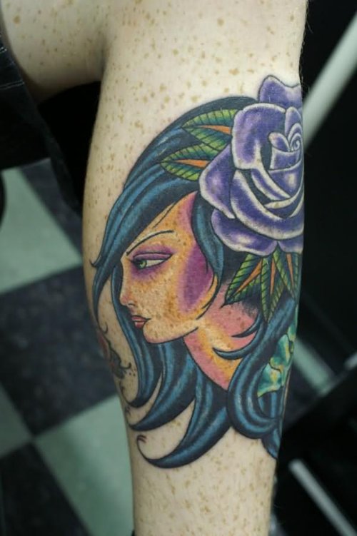Gypsy Girl Head Tattoo On Leg