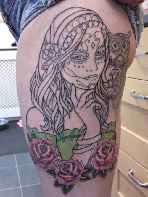 Rose Flowers And Owl With Gypsy Tattoo On Half Sleeve