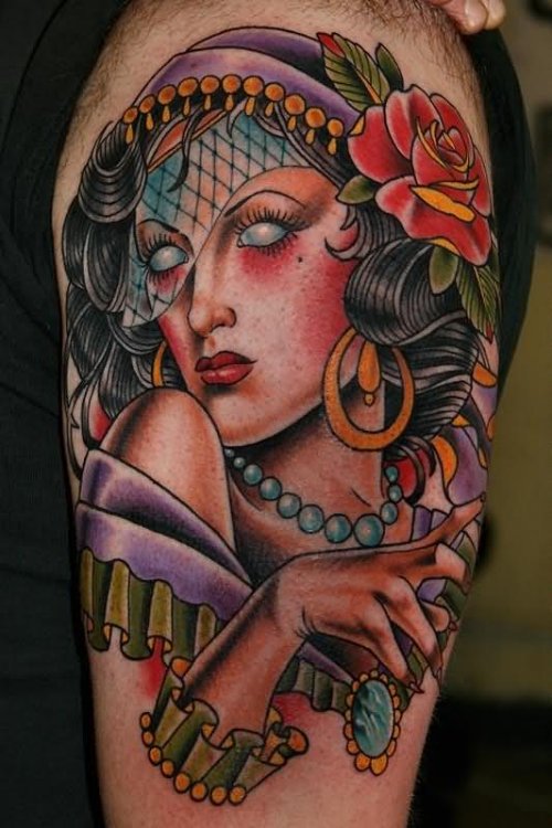 Awesome Gypsy Girl Tattoo On Sleeve