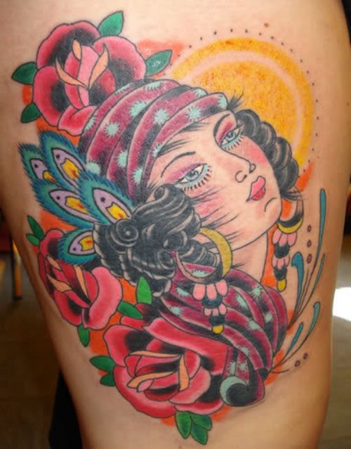 Red Flowers And Gypsy Head Tattoo