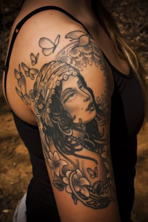 Grey Ink Gypsy Tattoo On Girl Right Half Sleeve