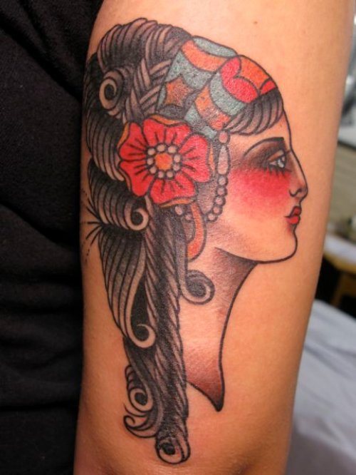 Amazing Colored Gypsy Head Tattoo On Bicep