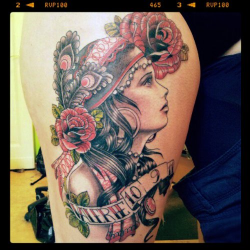 Red Flowers And Gypsy Tattoo On Side