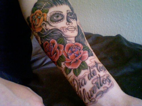 Red Rose Flowers And Gypsy Tattoo On Left Arm