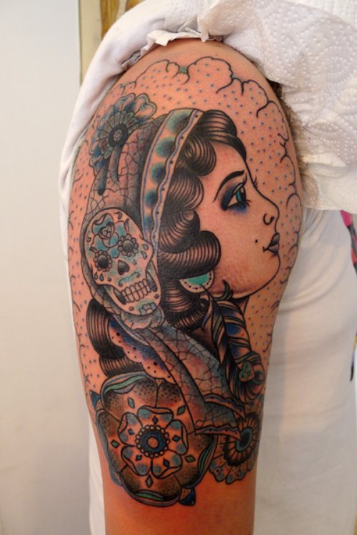 Awesome Color Gypsy Tattoo On Right Half Sleeve