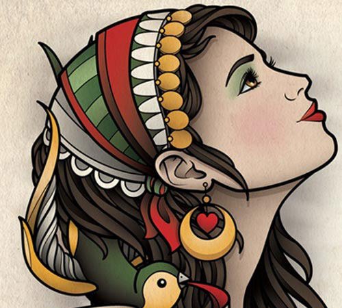 Awesome Colored Gypsy Girl Head Tattoo