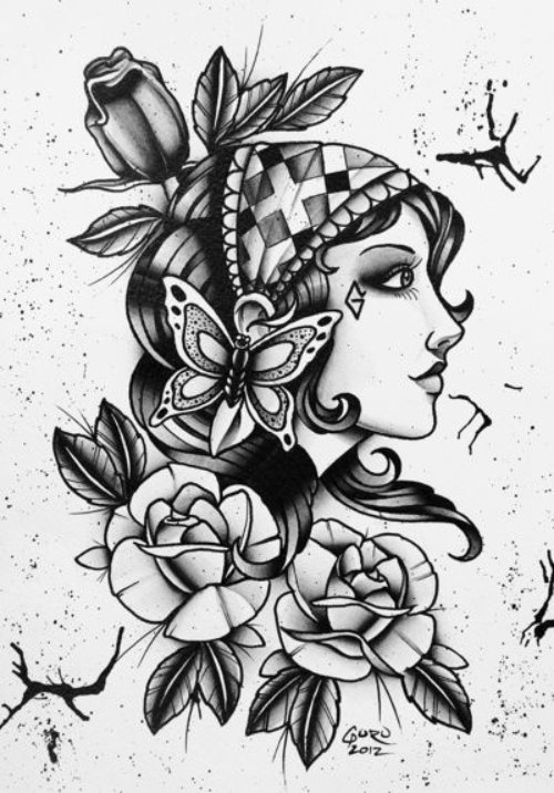 Rose Flowers With Gypsy Girl Tattoo Design