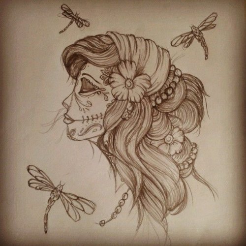 Flying Dragonflies And Gypsy Head Tattoo Design