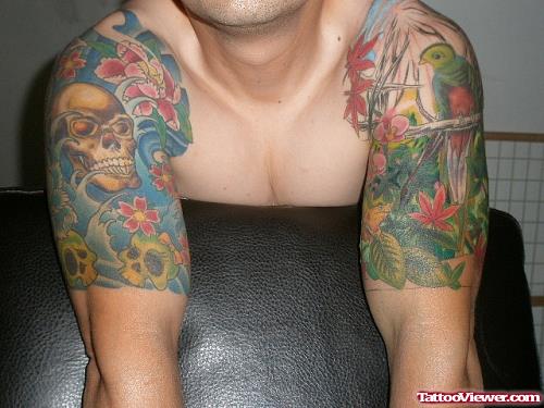Skull And Flowers Half Sleeve Tattoo