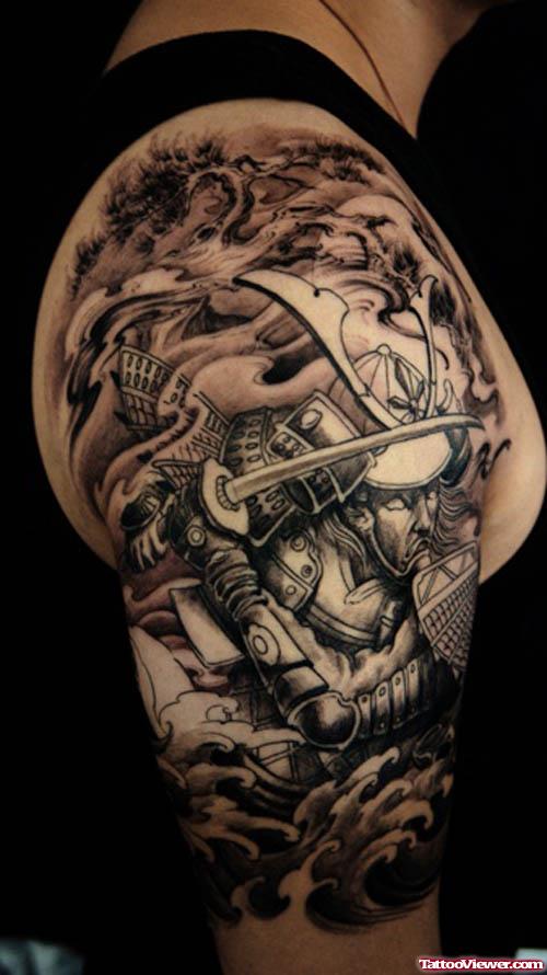 Grey Ink Samurai Half Sleeve Tattoo For Men