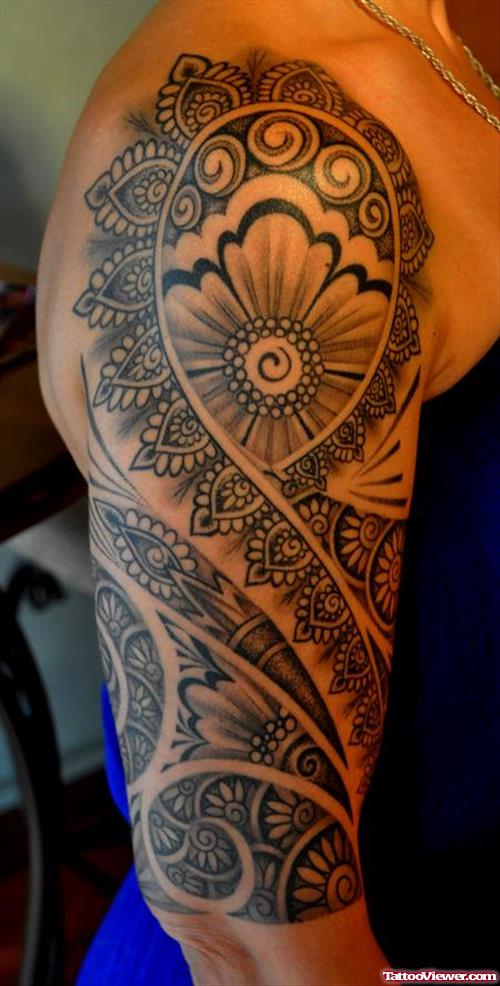 Grey Ink Henna Half Sleeve Tattoo For Women