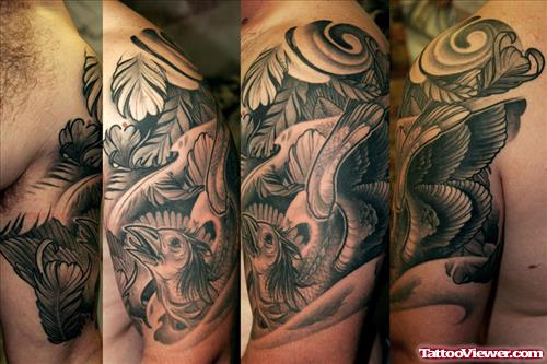 Grey Ink Bird Half Sleeve Tattoo