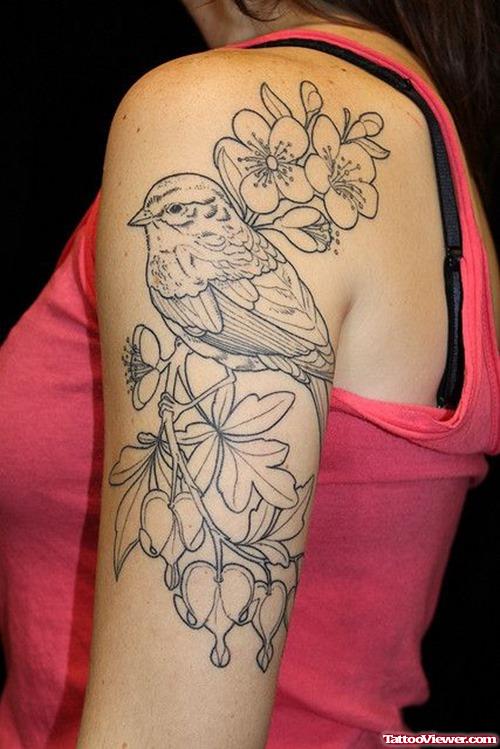 Grey Flowers and Bird Half Sleeve Tattoo For Girls